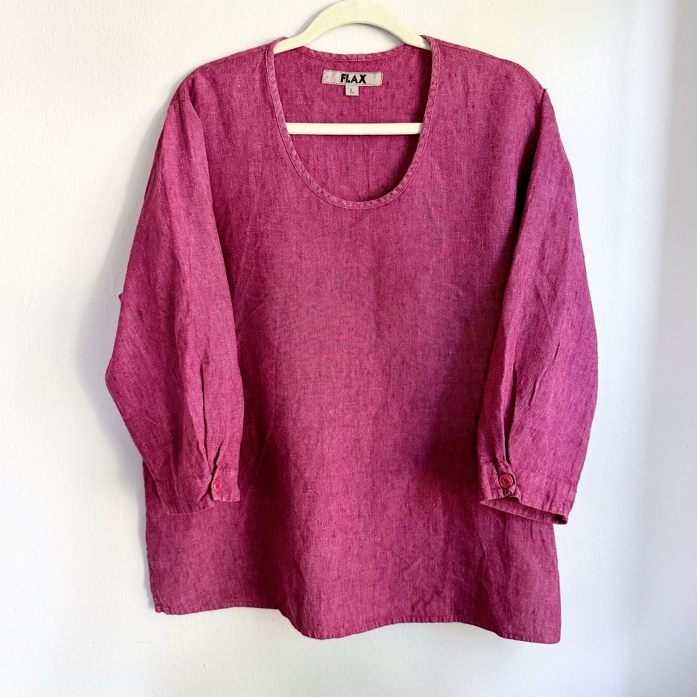 FLAX Mauve Linen Tunic Top Scoop Neck Long Sleeve L